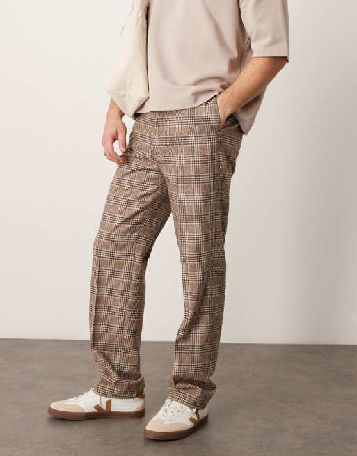 ASOS DESIGN – Eleganckie spodnie z prostymi nogawkami i podwyższonym stanem z mieszanki wełny w brązową kratkę