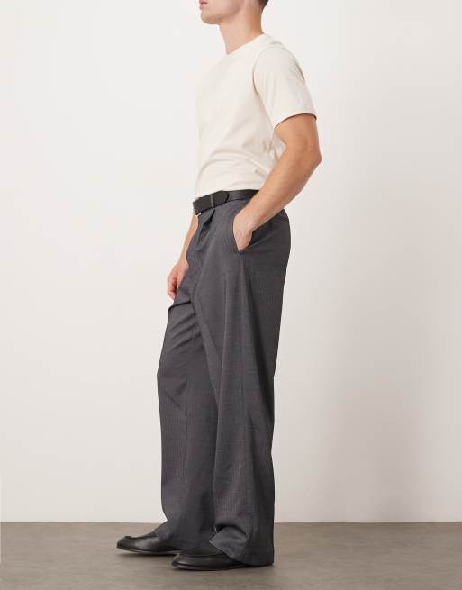 ASOS DESIGN – Eleganckie spodnie z szerokimi nogawkami, elastyczną talią i zakładkami z przodu w szarą jodełkę, 3 z 5