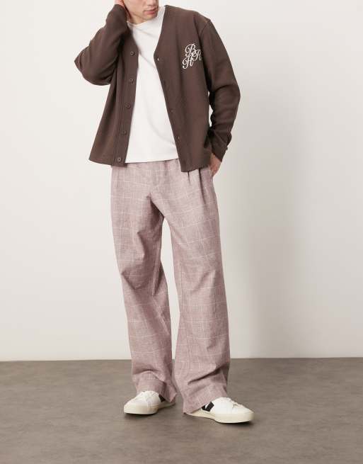 ASOS DESIGN – Eleganckie spodnie z szerokimi nogawkami, w fakturowaną kratę, w spranym kolorze bordowym