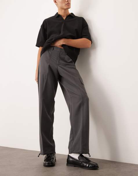 ASOS DESIGN – Eleganckie szare spodnie bojówki z szerokimi nogawkami i troczkami na dole - view 1