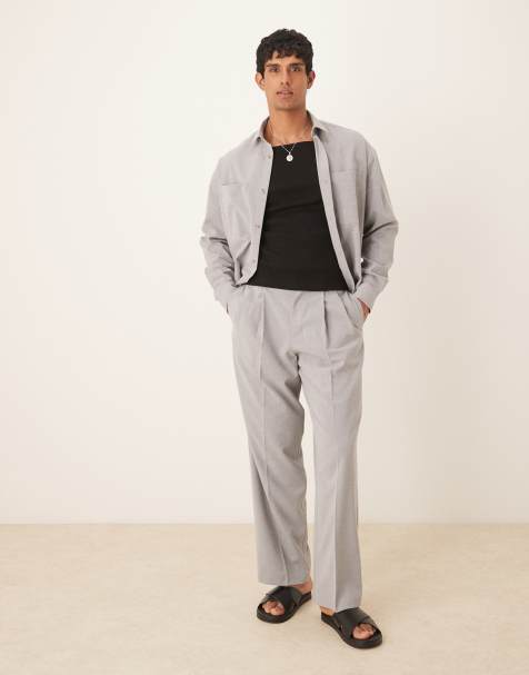 ASOS DESIGN smart co-ord linen look wide leg trousers with double pleats in grey