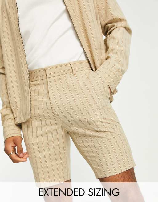 ASOS DESIGN – Eleganckie szorty o obcisłym kroju z troczkami w pasie w kamiennobeżową kratkę, część zestawu