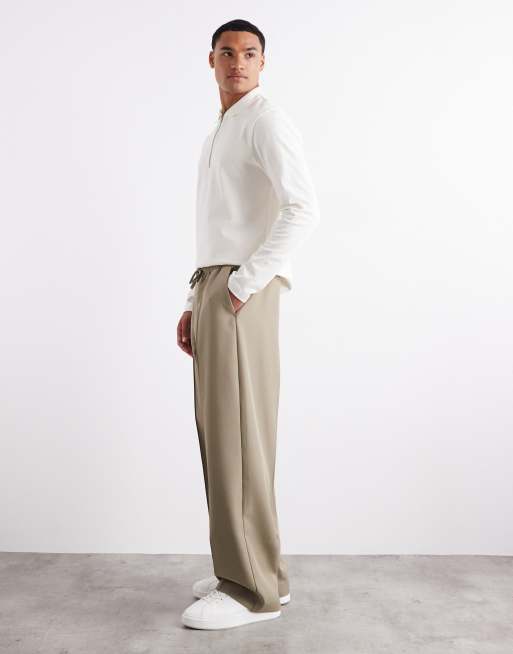 ASOS DESIGN – Eleganckie wciągane oliwkowe spodnie z szerokimi nogawkami i wzorem w jodełkę, część zestawu, 3 z 5