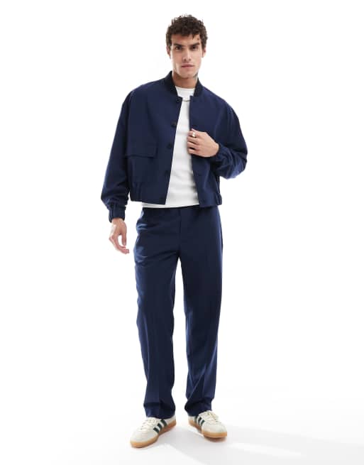 ASOS DESIGN – Eleganckie wciągane spodnie z prostymi nogawkami w granatowym kolorze, część zestawu