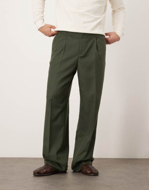 ASOS DESIGN smart wide leg trousers with front pleats in green brushed fabric 