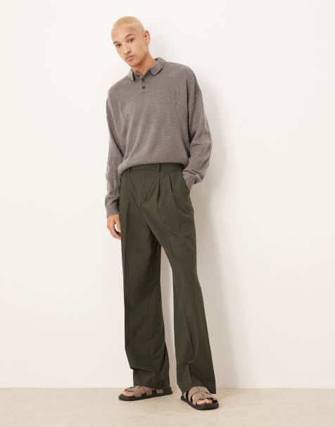 ASOS DESIGN smart wide leg trousers with double pleats in green