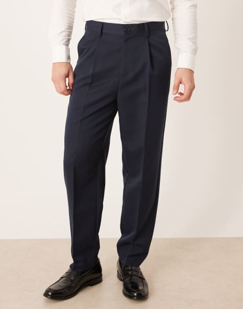 ASOS DESIGN smart relaxed tapered trousers in navy with front pleat