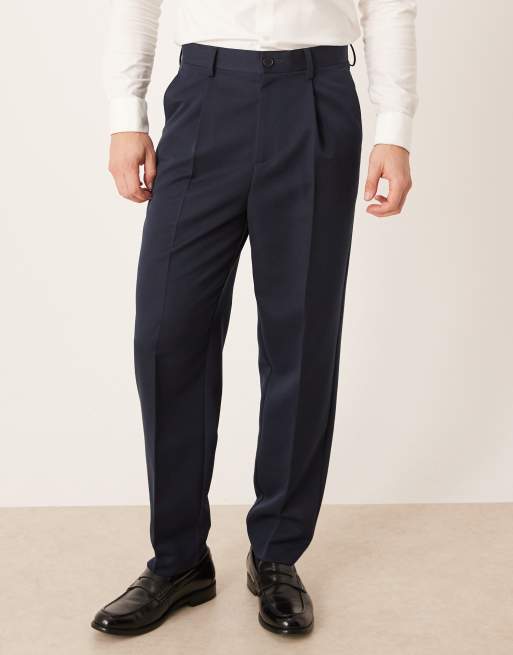 ASOS DESIGN – Eleganckie zwężane granatowe spodnie o luźnym kroju z zakładkami z przodu