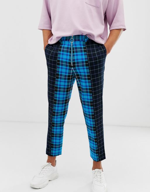 ASOS DESIGN – Eleganckie zwężane spodnie o krótszych nogawkach w kontrastową niebieską kratę z metalowym zamkiem do rozporka