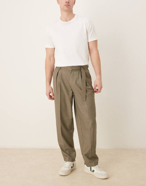 ASOS DESIGN smart oversized tapered belted trousers with front pleat in khaki