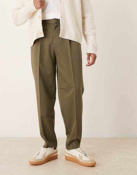ASOS DESIGN – Eleganckie zwężane spodnie oversize z zakładkami z przodu w kolorze khaki - view 1