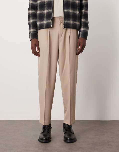 ASOS DESIGN smart oversized tapered trousers with front pleat in stone flannel