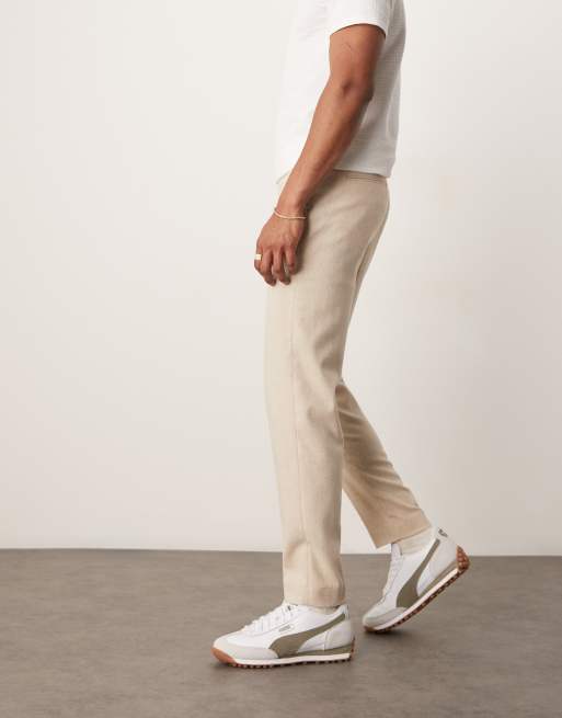 ASOS DESIGN – Eleganckie zwężane spodnie z mieszanki wełnianej w jasnym szarobeżowym kolorze 