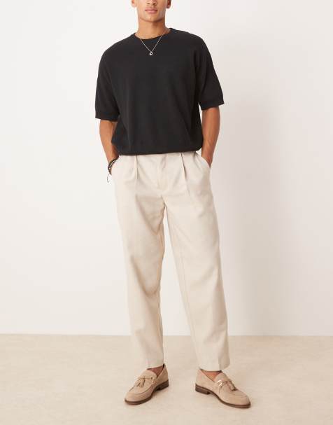 ASOS DESIGN smart oversized tapered pleated trousers with wool in stone herringbone