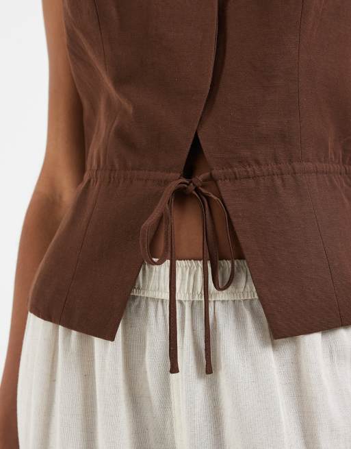 ASOS DESIGN - Elegant gilet van linnenmix met strikceintuur in chocoladebruin , 3 van 4