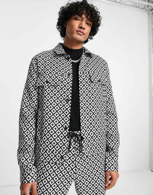 ASOS DESIGN - Elegant Harrington-jakke i sort og hvidt geometrisk mønster - Del af sæt