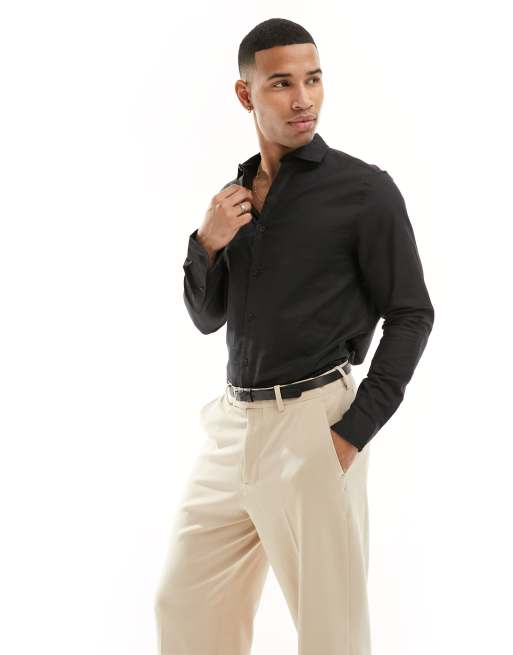 ASOS DESIGN - Elegant og sort skjorte i hørblanding med regular fit-pasform og cutaway-krave