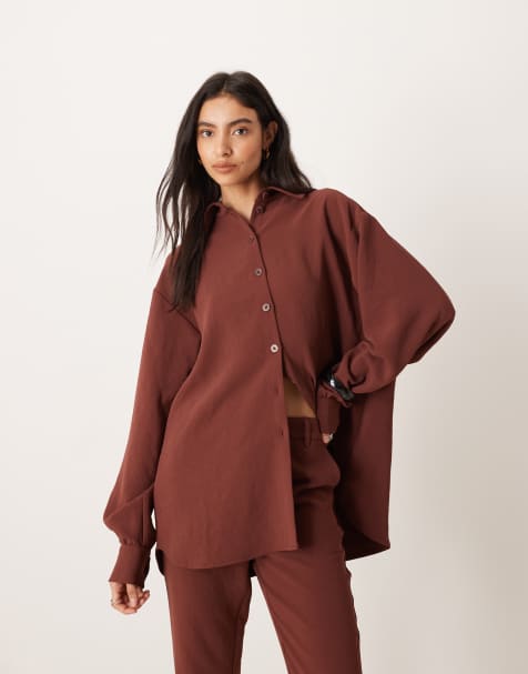 ASOS DESIGN - Elegant oversized glad overhemd in kastanjebruin, deel van co-ord set - view 1