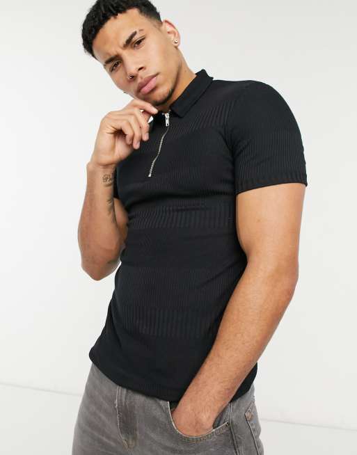 ASOS DESIGN - Elegant, ribstrikket polo i sort i muscle fit