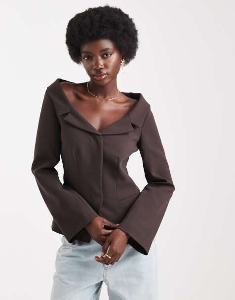 ASOS DESIGN - Elegante blazer met blote schouders in chocoladebruin - view 1