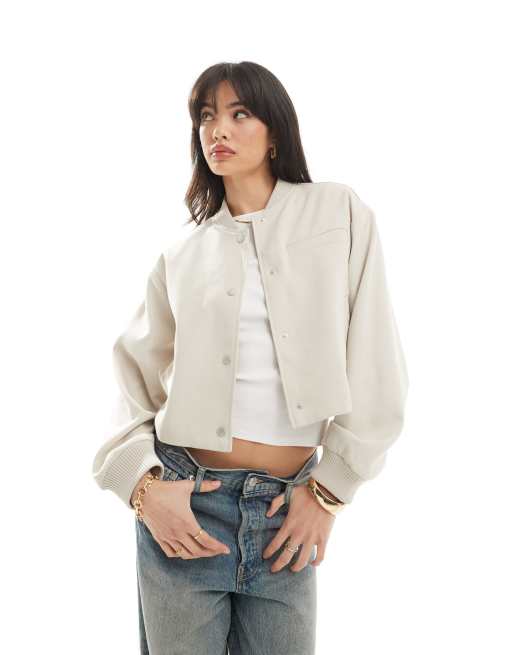 ASOS DESIGN – Elegante Bomberjacke in Steinbeige mit eingefasstem Saum