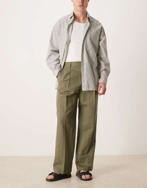 ASOS DESIGN - Elegante broek met hoog linnenpercentage, wijde pijpen en plooien in olijfgroen - view 1