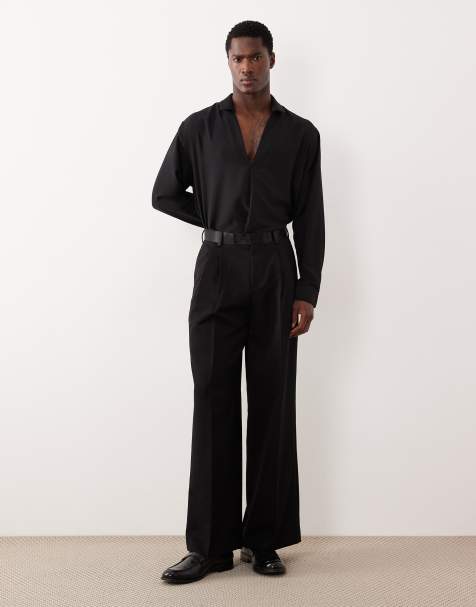 ASOS DESIGN - Elegante broek met losse pijpen, dubbele plooien en satijnen tailleband in zwart - view 1