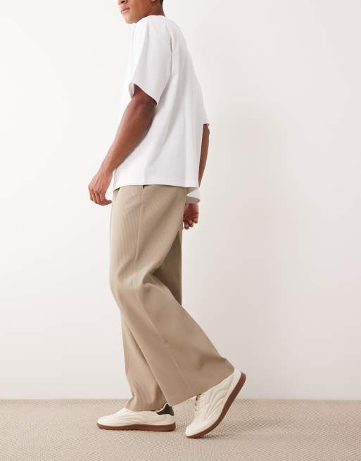 ASOS DESIGN - Elegante broek met losse pijpen en geribbelde textuur in stone, 3 van 5