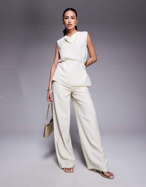 ASOS DESIGN - Elegante broek met riem en textuur in wit, deel van co-ord set - view 1
