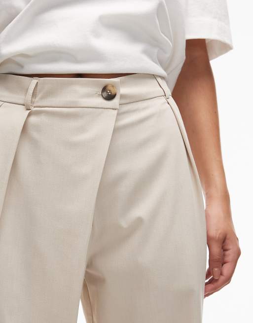 ASOS DESIGN - Elegante broek met taille met overslag en wijde pijpen in stone, 3 van 5