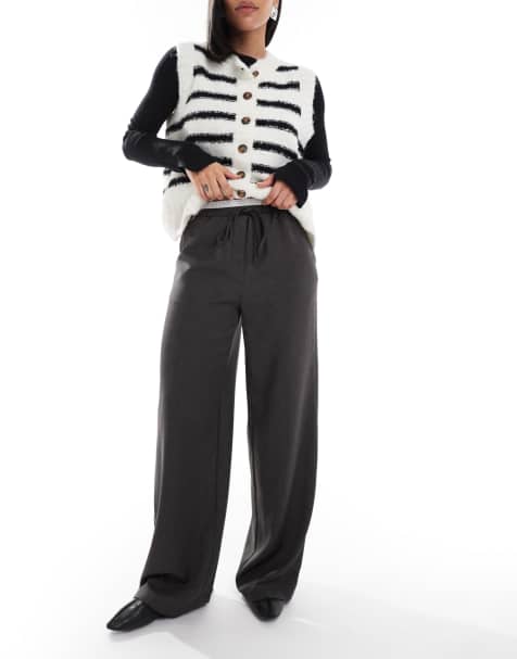 ASOS DESIGN - Elegante broek met wijde pijpen en contrasterende tailleband in antraciet - view 1