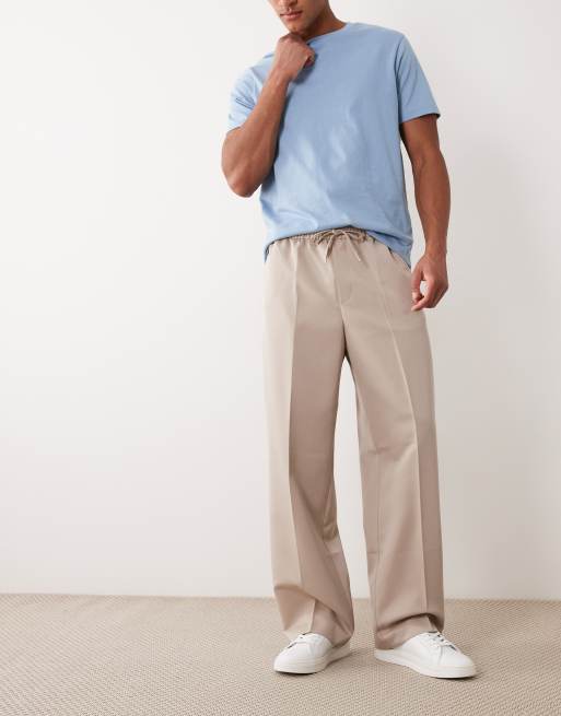 ASOS DESIGN - Elegante broek met wijde pijpen en elastische taille in stone, 5 van 5