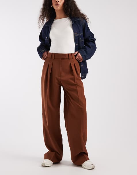 ASOS DESIGN - Elegante broek met wijde pijpen en plooien in karamel - view 1