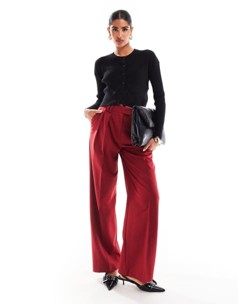 ASOS DESIGN - Elegante broek met wijde pijpen en plooien in rood - view 1