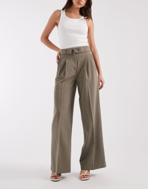 ASOS DESIGN - Elegante broek met wijde pijpen en riem in olijfgroen, deel van co-ord set - view 1