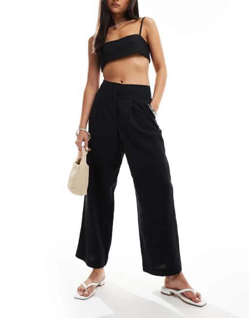 ASOS DESIGN - Elegante broek met wijde ronde pijpen, onafgewerkte rand en linnen in zwart