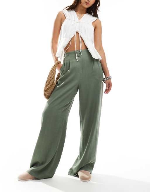 ASOS DESIGN - Elegante broek van linnenmix met wijde pijpen, hoge taille en siernaden in kaki