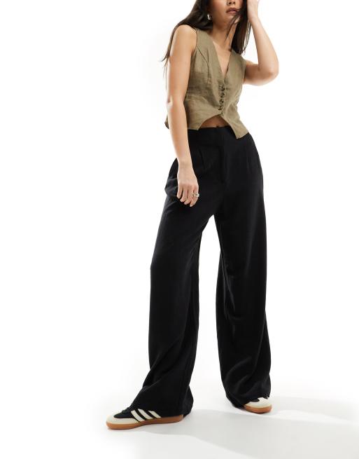 ASOS DESIGN - Elegante broek van linnenmix met wijde pijpen, hoge taille en siernaden in zwart