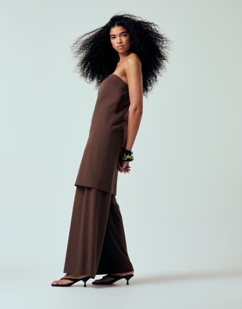 ASOS DESIGN – Elegante Bundfaltenhose in Schokobraun mit weitem Bein, Kombiteil - view 1