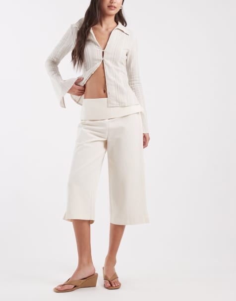 ASOS DESIGN – Elegante Caprihose aus Leinen in Ecru mit breitem Bund - view 1