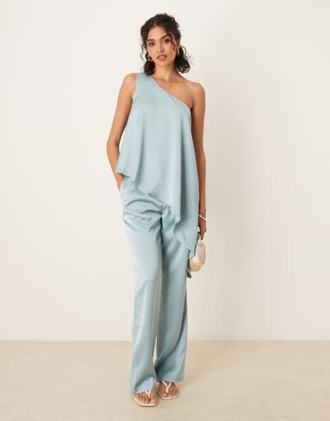 ASOS DESIGN - Elegante co-ord set van satijn van broek met rechte pijpen en top in blauw - view 1