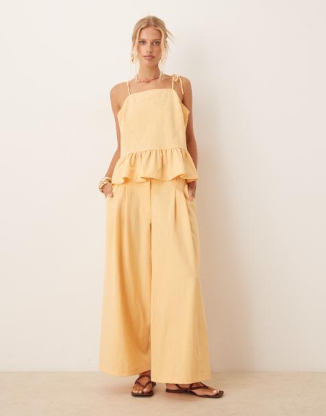 ASOS DESIGN – Elegante Cropped-Hose mit weitem Bein und Ziernähten in Gelb gestreift, Kombiteil - view 1