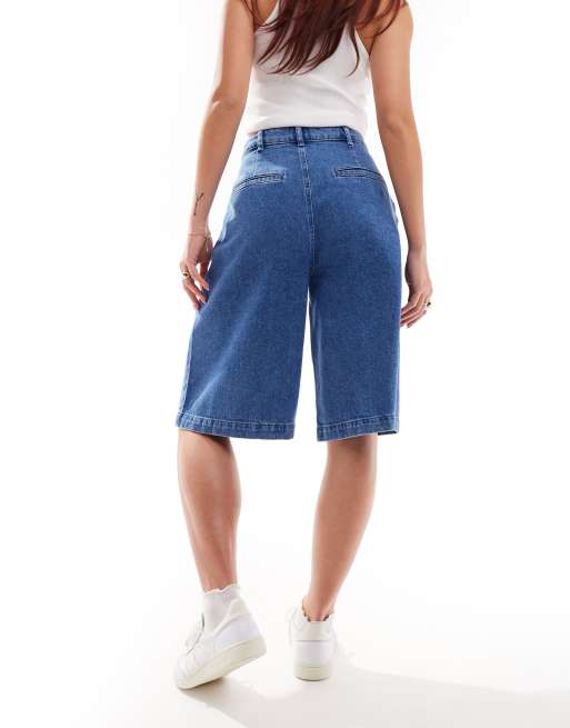 ASOS DESIGN - Elegante denim jort met lange pasvorm in mid-wash blauw, 4 van 5