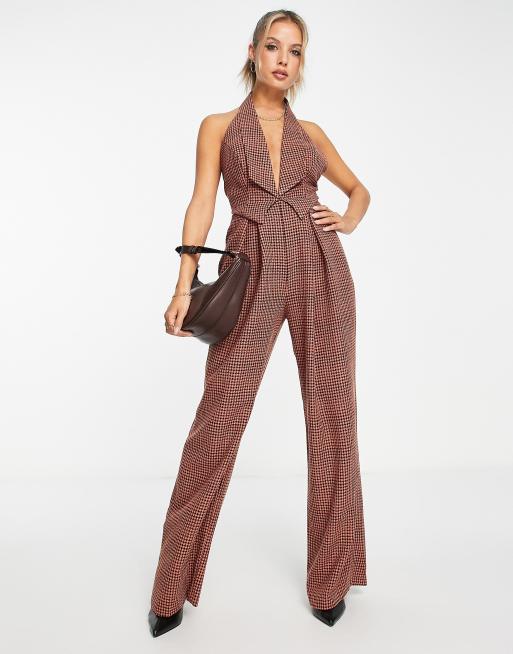 ASOS DESIGN - Elegante, diepuitgesneden jumpsuit met halternek en ruitprint in oranje