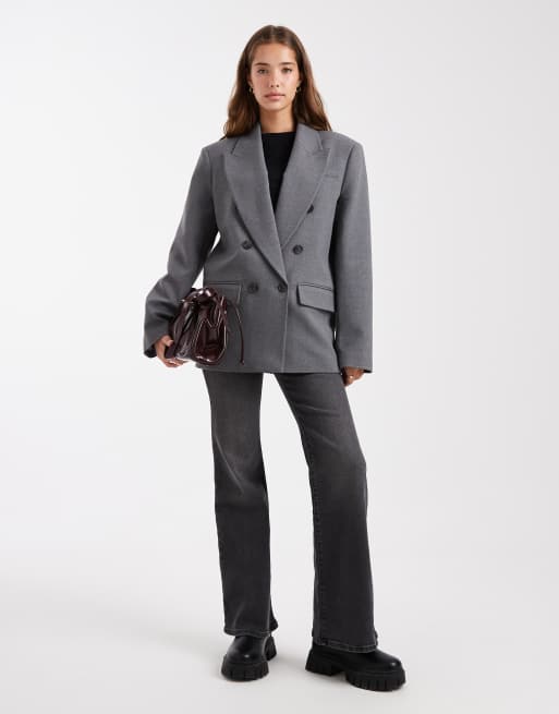ASOS DESIGN - Elegante double breasted blazer met krachtige schouders in gemêleerd grijs, 2 van 4