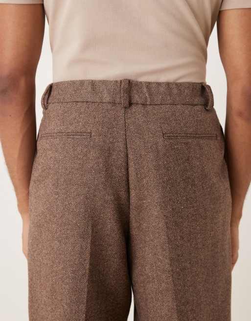 ASOS DESIGN - Elegante geplooide broek van wolmix met wijde pijpen en elastische taille in bruin, 4 van 5
