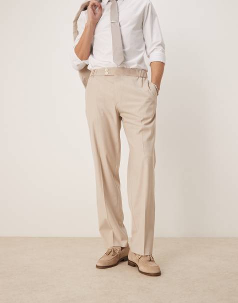 ASOS DESIGN – Elegante, gerade geschnittene Hose in camelfarbener Leinenoptik mit elastischem Bund - view 1