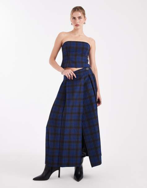 ASOS DESIGN - Elegante geruite midi rok in blauw, deel van co-ord set - view 1