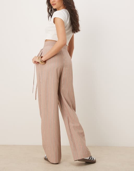 ASOS DESIGN - Elegante gestreepte broek van linnenmix met gestrikte overslag in nertsroze, 3 van 5