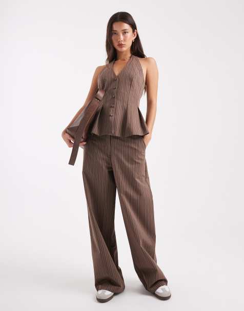 ASOS DESIGN - Elegante gestreepte co-ord set van ruimvallende broek met rechte pijpen en gilet in koffiebruin - view 1